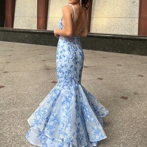 Sherri Hill Light Blue Floral Mermaid Prom Dress